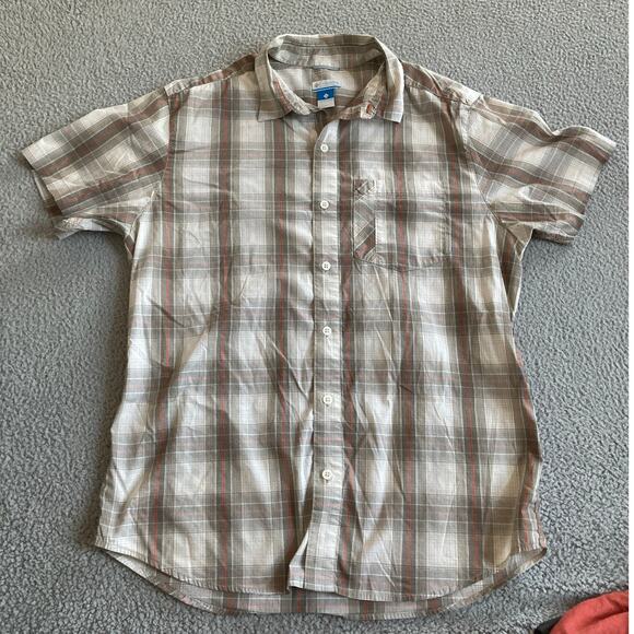 Columbia Button Shirt Large Plaid Short Sleeve Omni Wick Brown White Performance - Picture 1 of 12
